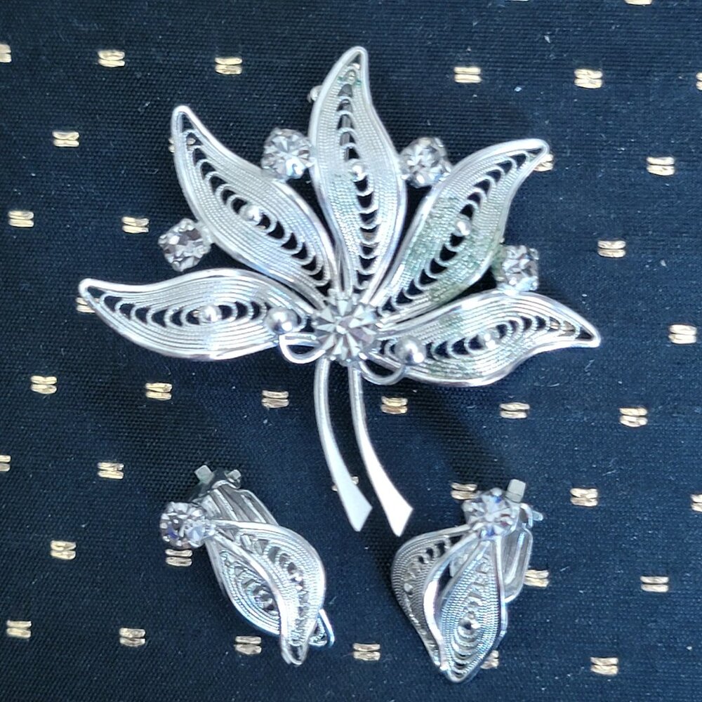 Vintage Silver Flower Brooch and Earrings 1960s